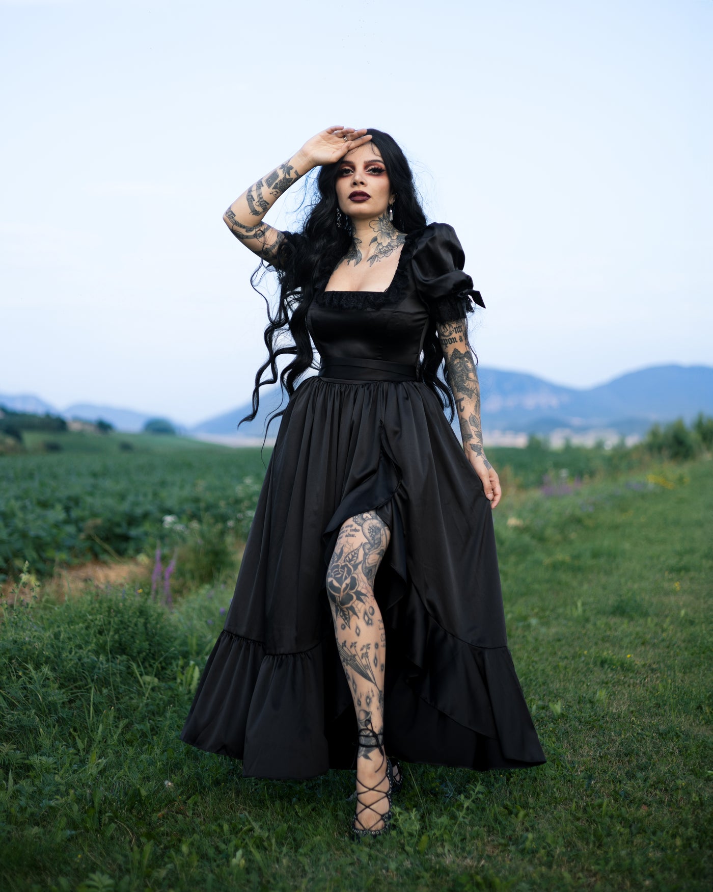 black gothic dress Goth Victorian S while delicate straps and a sheer shoulder bow introduce a subtle romantic contrast Victorian Dress in Black S